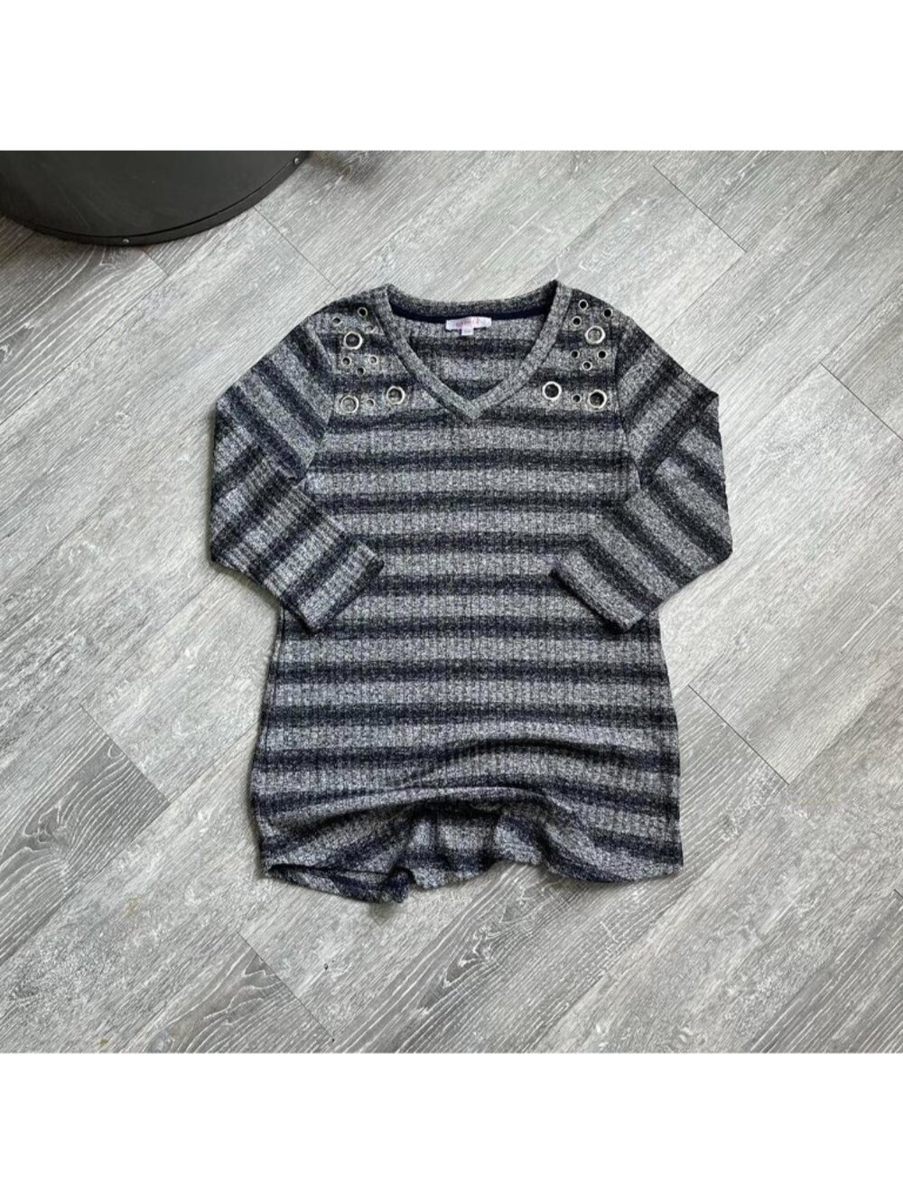 Grey / Black / Silver Toned Vintage Le Grenier Striped Sweater / Light Shirt